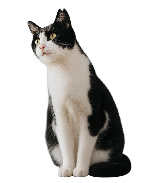 Una gata blanca y negra sentada, asomada sobre la tarjeta